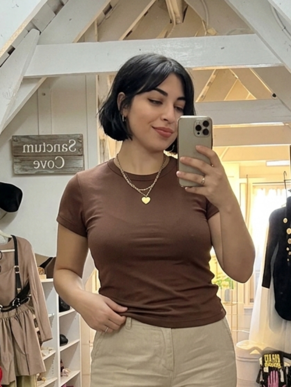 Brown Mineral Washed Classic Crewneck Fitted Cotton Blend Tshirt  Baby Tee